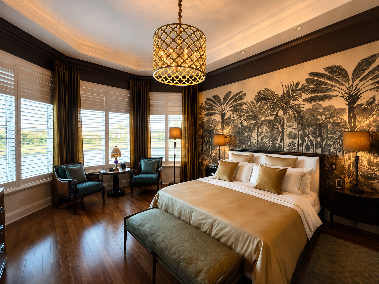 Elegant bedroom with rich wood flooring, tailored drapery, and intimate seating area