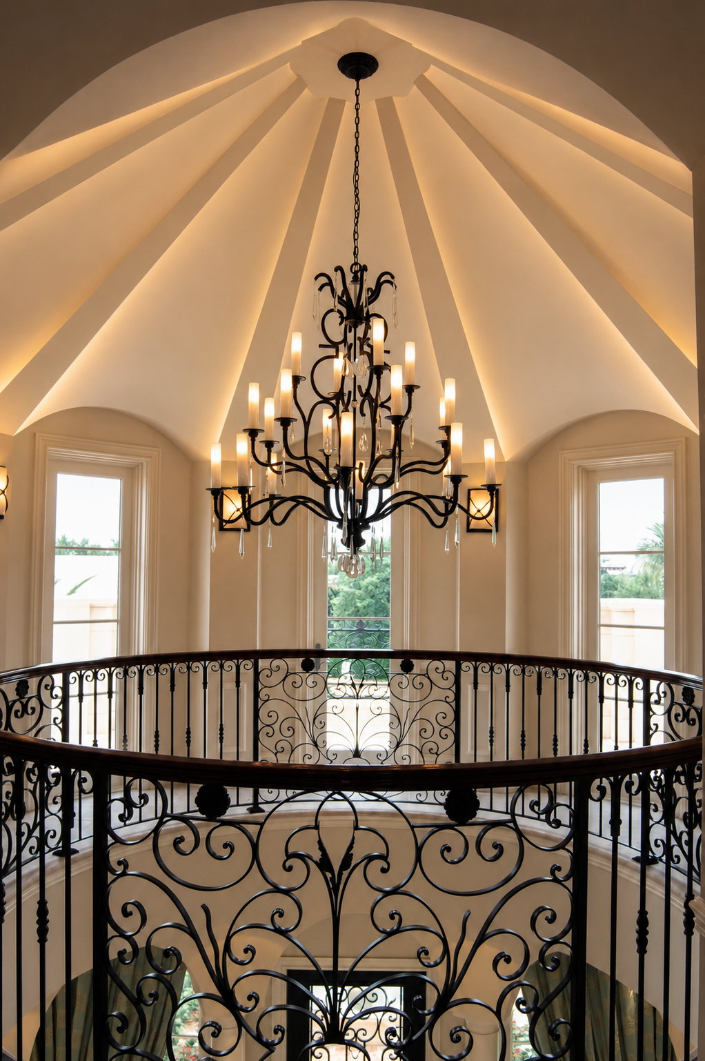 Double-height rotunda stair hall with wrought iron railing and chandelier