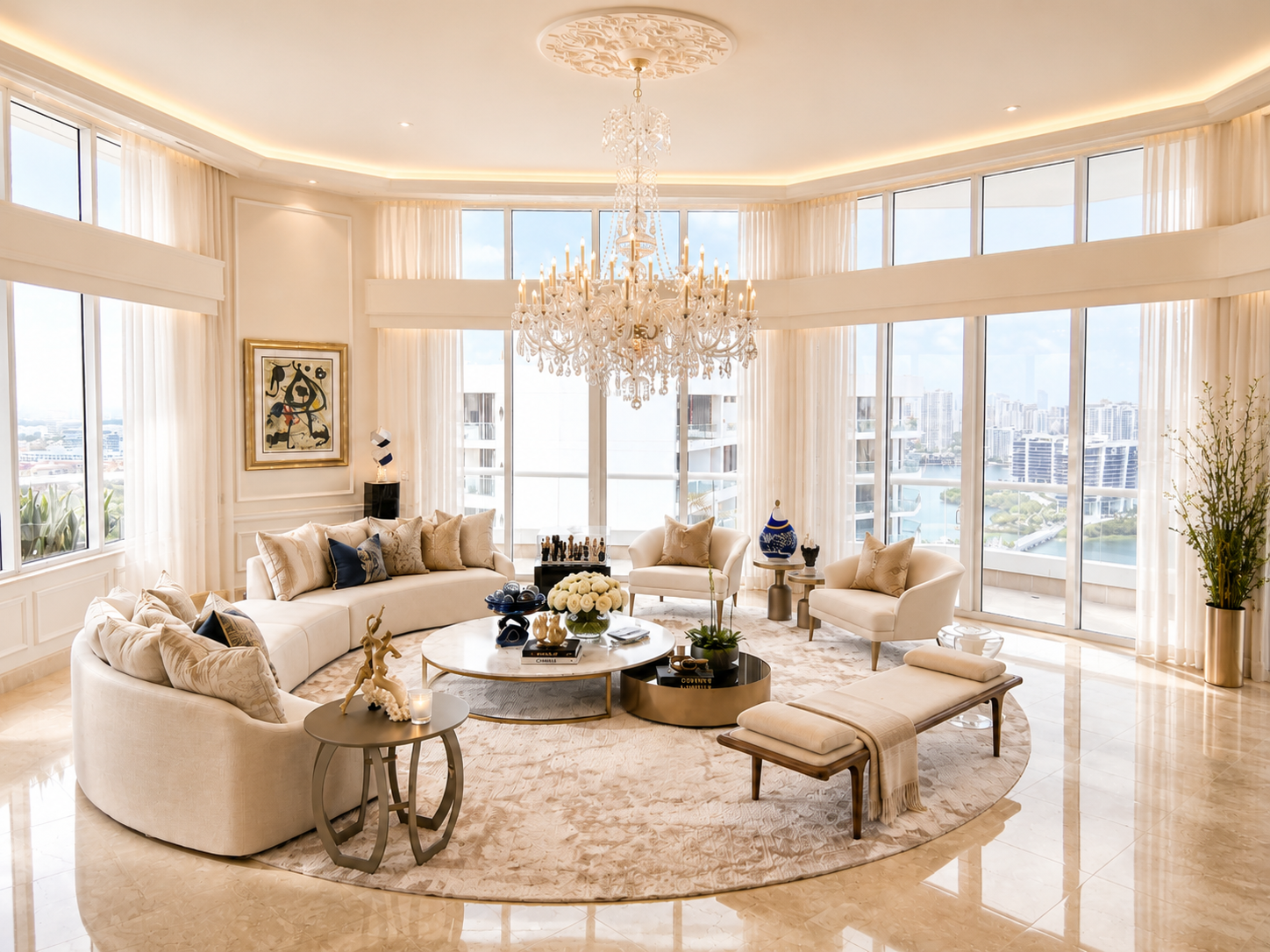 Luxury contemporary living room with chandelier and panoramic windows