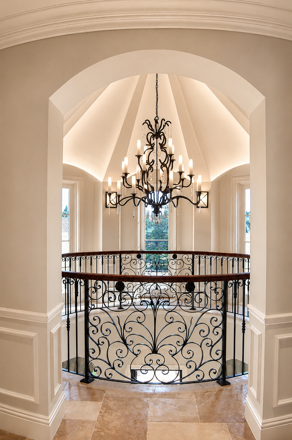 View through arched opening to rotunda stair hall