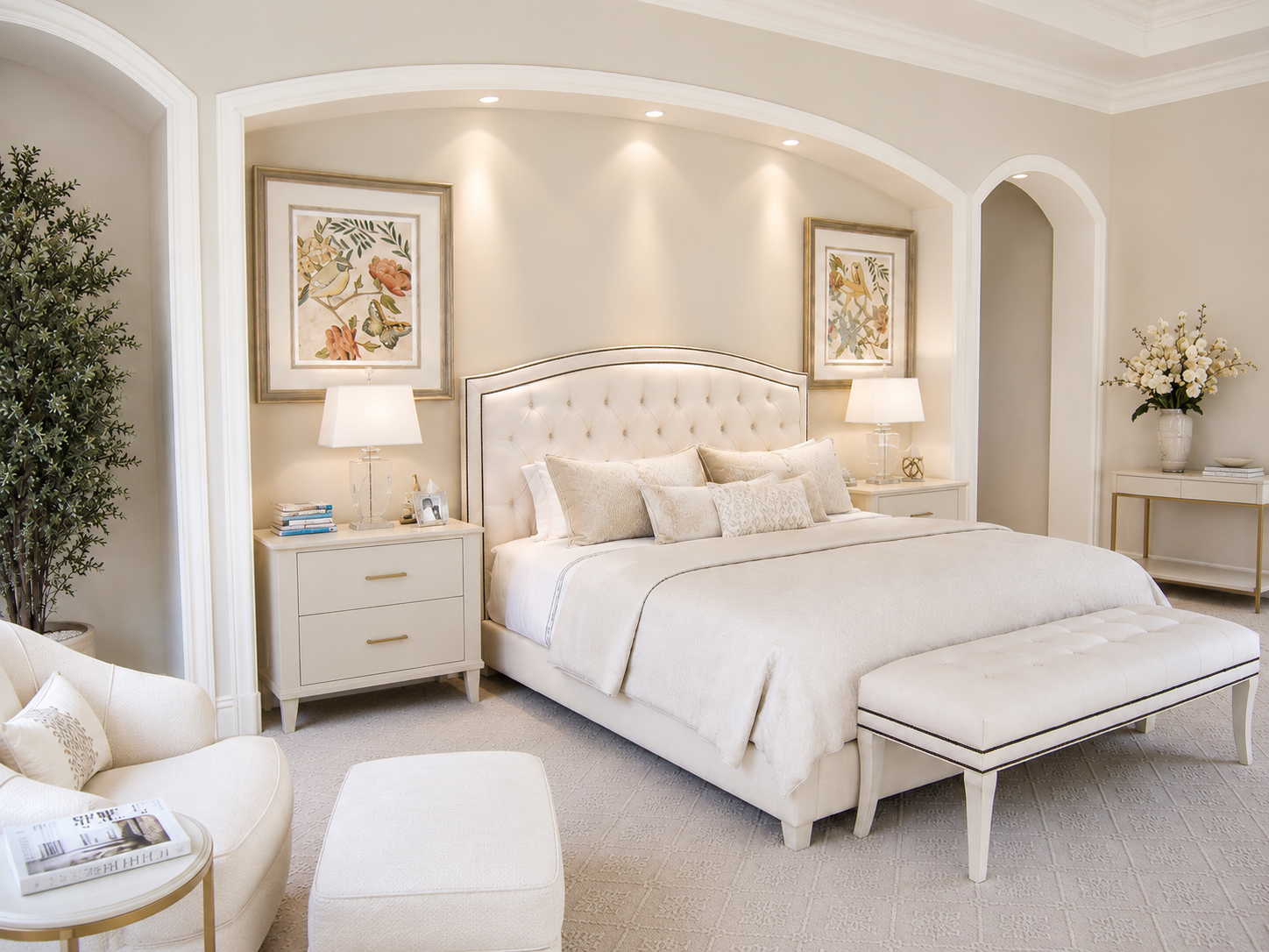Primary bedroom with upholstered bed and soft transitional furnishings