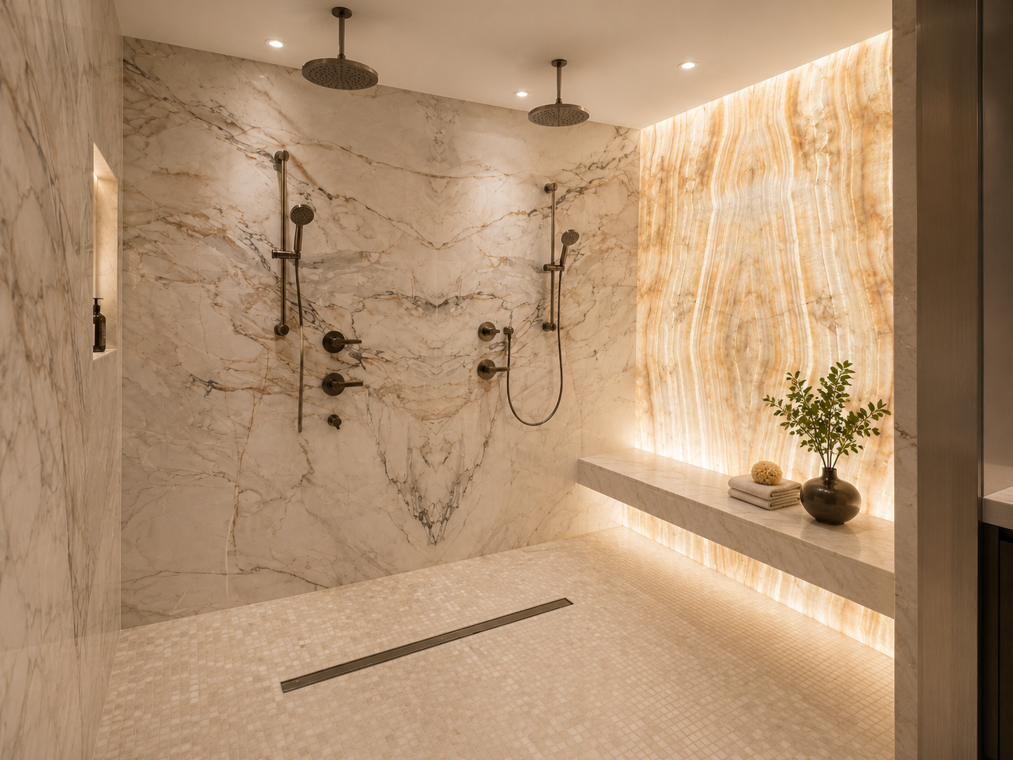 Luxury marble shower with two rain shower heads, floating bench, backlit stone wall, and warm ambient lighting