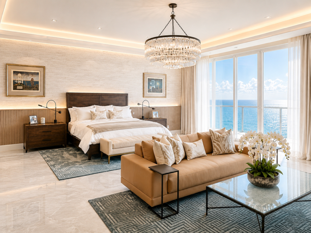 Oceanfront primary suite with warm wood bed wall, chandelier, seating area, and floor-to-ceiling water views